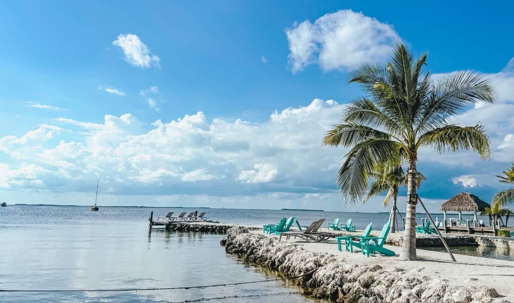 man made pier leading to the water with a palm tree and colorful airondak chairs overlooking the water on a sunny day