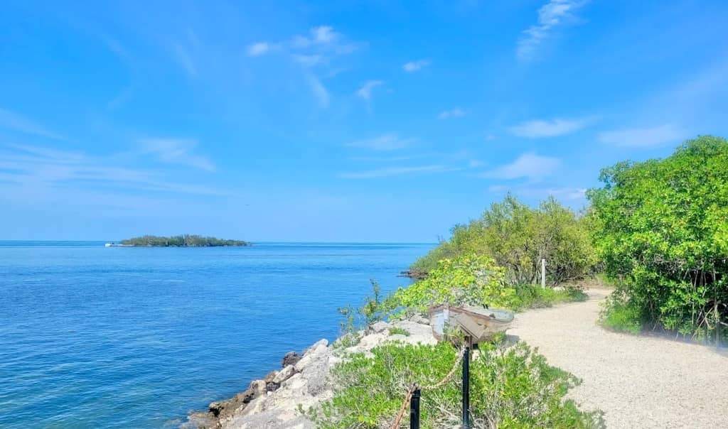 trail leading along the ocean on a sunny day with a tiny island in the distance